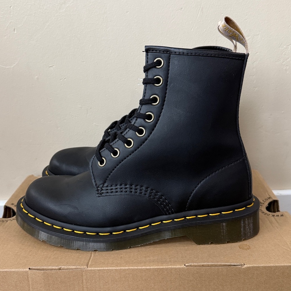 Dr. Martens Black Leather Combat Boots with Yellow Stitching